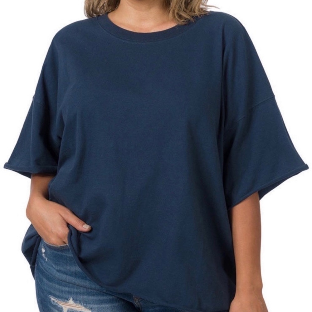 ZENANA 
Oversized Raw Edge Drop Shoulder Top